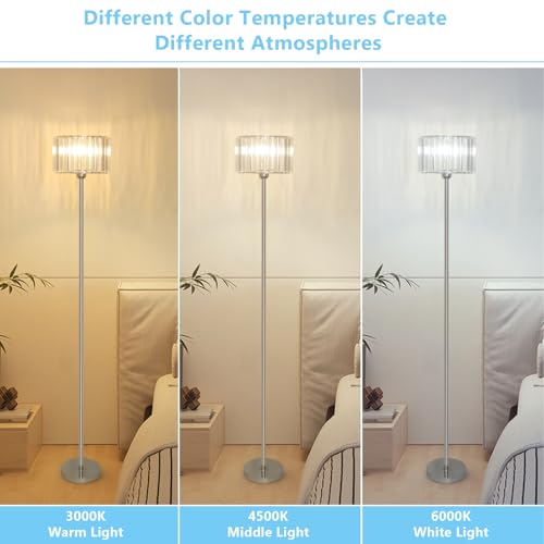 HMVPL Crystal Floor Lamp, Chrome Pole Floor Lamp with K9 Crystal Shade, Silver Standing Lamp with On/Off Switch, Modern Corner Tall Lamp for Living Room Bedroom Nursery Office Home Decor