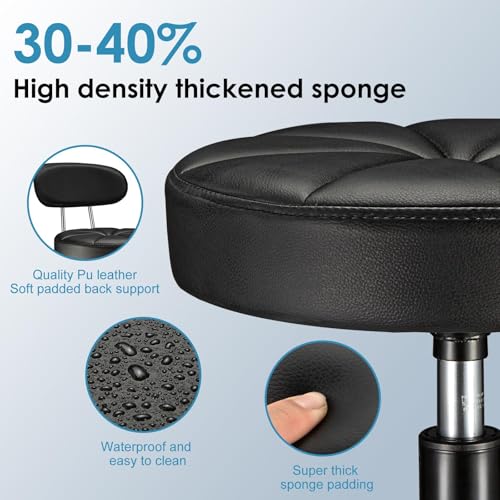 FNZIR Black PU Leather Rolling Stool with Backrest, Height Adjustable Swivel Drafting Chair