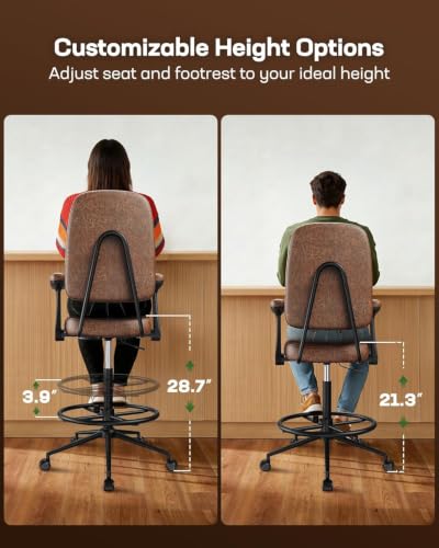 Marsail Oversized Ergonomic Drafting Chair for Standing Desk with 3.5" Cushion, Flip-Up Arms, Foot Ring, Leather-Linish Comfort Brown