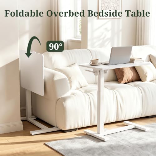 Overbed Bedside Table with Wheels - Adjustable Height Foldable Rolling Desk