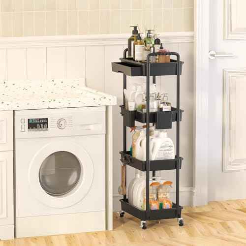 4 Tier Rolling Utility Cart with Drawer, Plastic Storage Organizer Rolling Carts with Wheels Handles Hanging Cups Hooks for Office, Bathroom, Kitchen,Craft Art Room (Black)