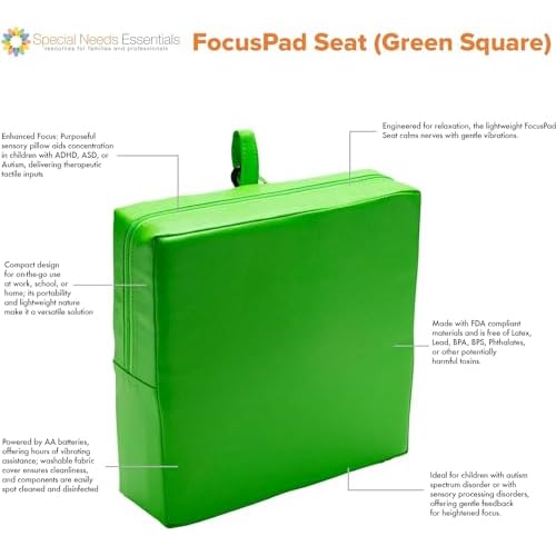 Special Needs Essentials FocusPad Square Sensory Seat | ADHD & Autism Support Cushion | Wobble Pad for Kids & Adults | Portable & Durable Calming Tool ? Green, 1 Count