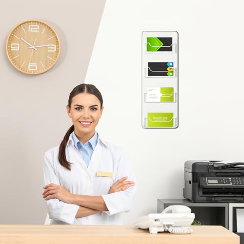 Hillban Wall Mount Business Card Holder with 4 Clear Acrylic Pockets – Office Organization