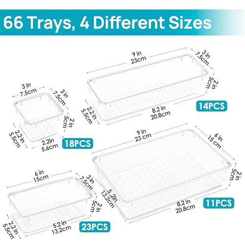 Vtopmart 66 PCS Clear Plastic Drawer Organizer Bins, 4-Size Versatile Bathroom and Vanity Organizer Trays, Acrylic Storage Containers for Makeup, Jewelry, Toiletry, Kitchen Utensils and Office Supply