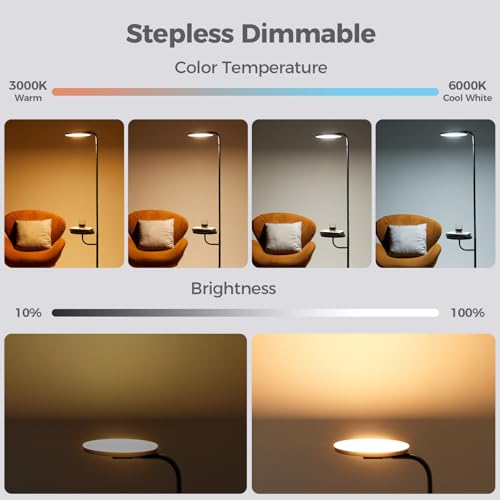 36W LED Floor Lamp with Table & Shelves, Minimalist Stepless Dimmable Torchiere with Dual Control (Remote & Touch), 350¡ÆRotating Head Reading Floor Lamp for Living Room, Bedroom, Office