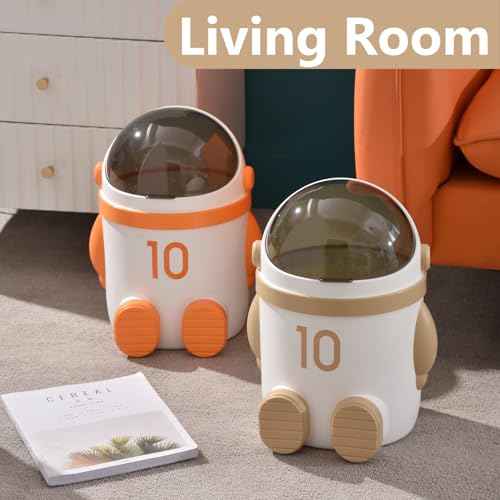 URALFA Astronaut Trash Can, 12 Liter /3.2 Gallon Bathroom Trash Can with Lid, Cute Trash Bin for Kids, Plastic Garbage Can with Swing Lid, Spaceman Wastebasket for Bedroom, Dorm, Living Room, Khaki
