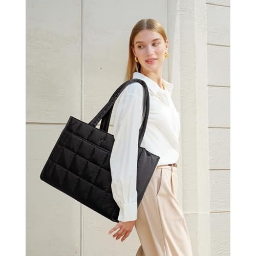 LOVEVOOK Tote Bag for Women, Puffer Work Handbag 15.6 Inch Laptop Purse for Nurse Teacher, Large Quilted Travel Tote Shoulder Bag with Zipper for College Office Clinical Gym, Black