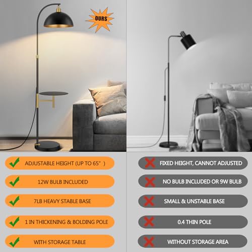 Floor Lamp with table Industrial Adjustable Height Arc Floor Reading Lamp with Shelves End Table Floor Lamp for Living Room Arc Black Standing Reading Lamp with Tray for Bedroom Office (Black White)