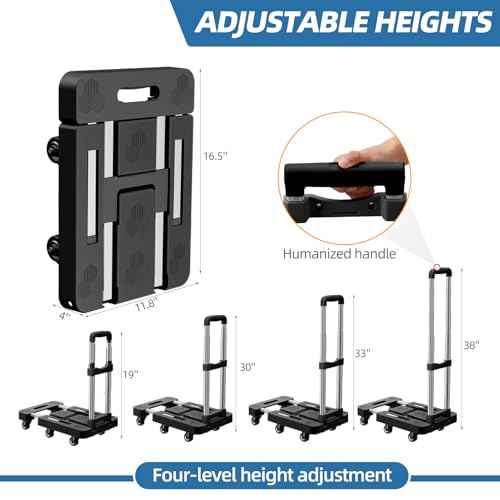 Folding Hand Truck, Foldable Cart for 500 lbs Heavy Luggage, Hand Truck Dolly, 6-Wheel Foldable Dolly with 2 Ropes, Ideal for Home, Office, and Travel Moving (Black)
