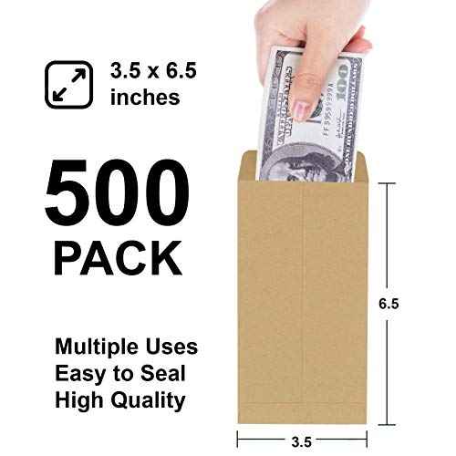 Money Envelopes, 500 Pack Kraft Cash Envelopes, Small Parts Envelopes with Gummed Seal, 3.5 x 6.5 Inches