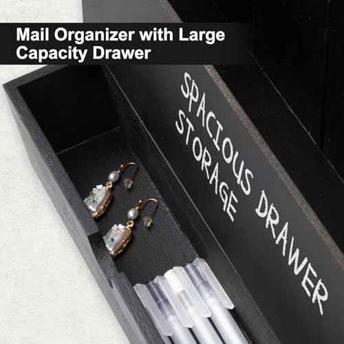 Mail and Key Holder Wall Mount with Storage Drawer ? Modern Wooden Mail Organizer for Wall Entryway, 7 Key Hooks & Chalkboard Panel ? Stylish Home Decor for Apartments, Living Room, Office