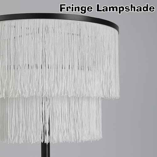 2 Light Black Boho Floor Lamp with 2-Tier Tassels/Fringe Lampshade,66" Tall Mid Century Standing Bedroom Lamp,Soft Lighting Nursery Floor Lamp for Bedroom Livingroom