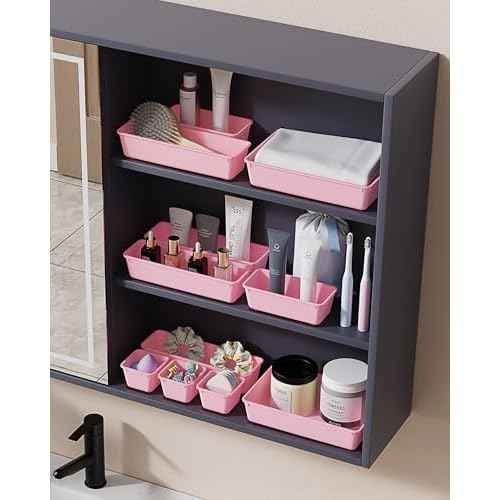 25 PCS Plastic Drawer Organizers Set, 4-Sizes Vanity and Makeup Organizer, Desk and bathroom Drawer Organizer Trays, Organizers and Storage for Makeup, Jewelry, Gadgets, Utensils (Pink)