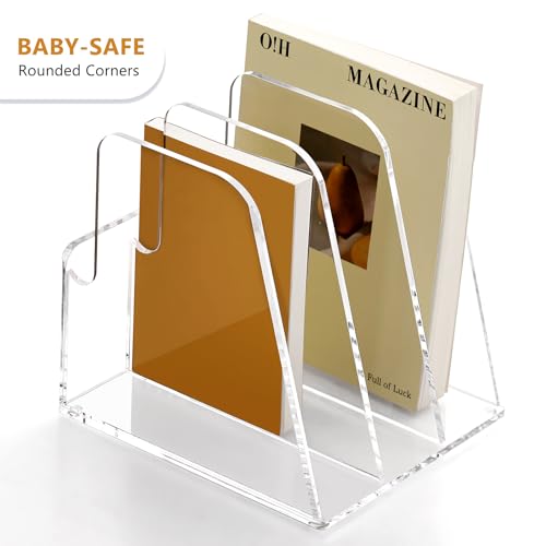 SANRUI Desk Organizer Clear Acrylic Desk Magazine File Holder with 3 Vertical Sections Magazine Rack File Organizer for Office, Home, School