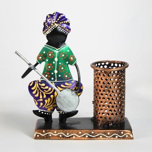 Hastvikas Handcrafted Metal Pen Holder with Tribal Musician Figurine | Decorative Desk Organizer for Office, Study Table & Home Décor | Compact Stationery Stand (Green)