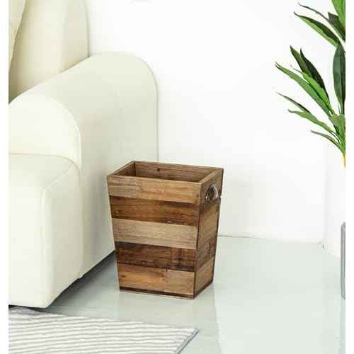 Small Wood Trash Can, Farmhouse Rectangular Garbage Can Waste Basket, Rustic Distressed Reclaimed Wood Wastebasket, Vintage Wooden Trash Recycling Bin Storage Basket with Metal Handles (Natural)
