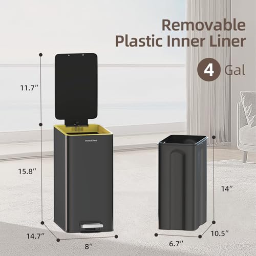 Stainless Steel Trash Can with Soft Close Lid,15 Liter/4 Gallon Garbage Can Kitchen Removable Wastebasket, Rectangular for Bathroom, Office (Black)