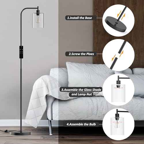 Industrial Floor Lamp with Glass Shade, Modern Dimmable Floor lamp with Remote LED Bulbs, Tall Lamp for Living Room Corner, Bedroom, Office (Black)