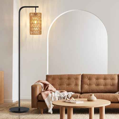 Boho Rattan Floor Lamp for Living Room - Rustic Hand-Made Wicker Farmhouse Standing Lamps with 3000K Soft Light, Foot Switch & Sturdy Base, Bedroom Office Corner Lamp for Reading Sleeping