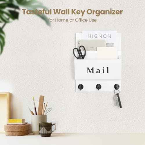 Mail and Key Holder - Decorative 8.86" x 11.42" Wall Key Hanger with 2 Mail Organizer Slots and 3 Hooks - Real Paulownia Wood with Keyhole Brackets, Hardware and Instructions (White)