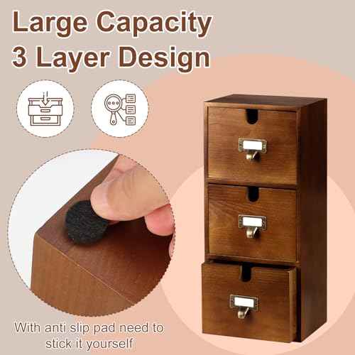 DLUGOPIS 3 Tier Index Card Holder 3x5 Wooden Card Catalog Box with 3 Drawers Brown Index Card Storage Box Flash Card Holder 25 Index Card Dividers 2 Letter Smile Stickers for Office