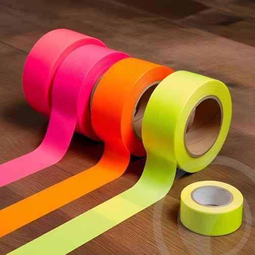 WOD GTMC12F Fluorescent Multi-Color Rainbow Gaffer Tape, 1 inch x 25 yds. (4-Rolls) Gym School Pack Floor Marking Tape, Secures Cables, & No Sticky Residue