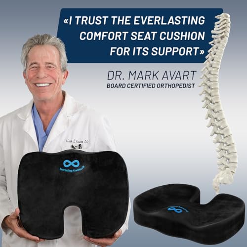 Everlasting Comfort Doctor Recommended Memory Foam Seat Cushion for Office Chairs & Car - Ergonomic Office Desk Accessories - Cushions for Tailbone Pain Relief, Sciatica & Back Support Pillow