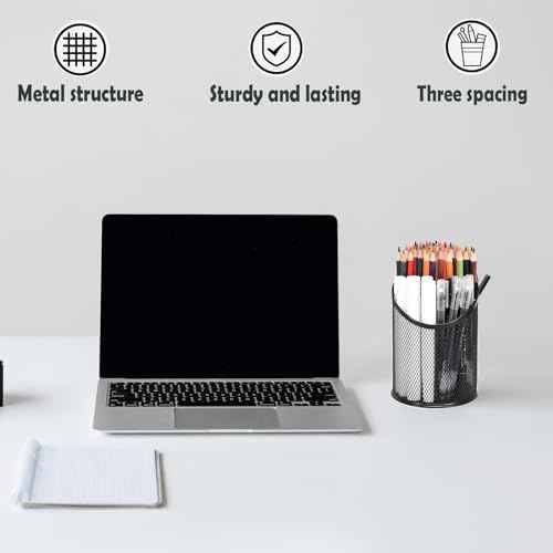 2 Pack Mesh Pencil Holder Pen Cup for Desk Round Black Pen Holder Desktop Pen Organizer 3 Compartments Pencil Organizer Desk Organizer for Office Home School