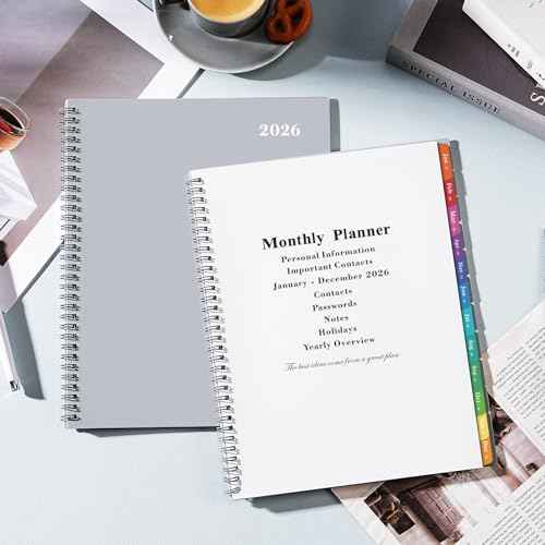 2026 Monthly Planner - 2026 Planner, JAN. 2026 - Dec. 2026, 8.5" x 11" Monthly Planner/Calendar, 12-Month Planner with Tabs & Pocket & Label, Contacts and Passwords, Thick Paper, Twin-Wire Binding - Grey