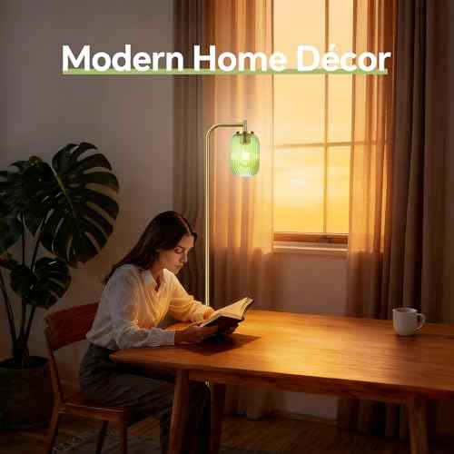 Glass Floor Lamp for Living Room, Bedroom, Modern Green Ribbed Glass Standing Lamp with Pedal Switch, 67'' Tall, Brushed Gold