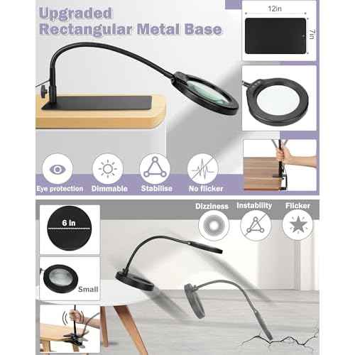 5 Inch Large Magnifying Glass with Light and Stand, 10X Hands-Free Desk Lamp & Clamp, 5 Color Modes Stepless Dimmable Flexible Gooseneck, LED Lighted Magnifier for Repair Crafts Close Work Painting