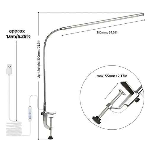 Desk Lamp with Clamp, 3 Modes 10 Brightness 360¡Æ Rotation Eye-Caring Reading Light,8W Long Flexible Gooseneck, Architect Task Lamp, USB Clamp Light for Home Office Manicure Reading