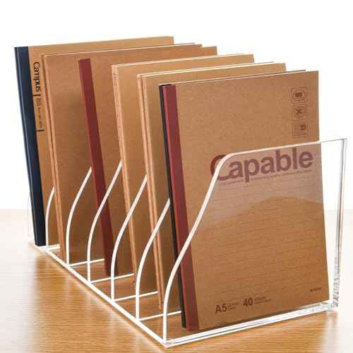 Acrylic Magazine File Holder, 6 Vertical Compartments Desk Document Sorter Organizer, Clear Folder Rack Binder for Office/Home/Classroom, for Documents, Tablet, Magazines, Books & Accessories