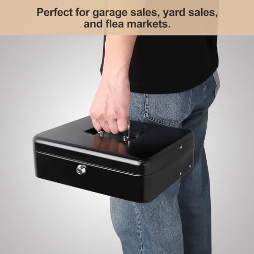 Parrency K-Black Cash Box with Money Tray, Key Lock, 11.8 x 9.5 x 3.5 in