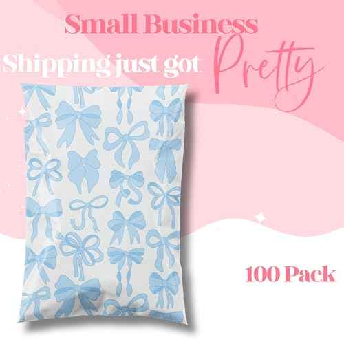 10x13 Designer Poly Mailer 100 Pack Heavy Duty Waterproof Self Seal Shipping Bags for Small Business Large Mailing Envelopes Bulk Tear Resistant Packaging Blue Bows