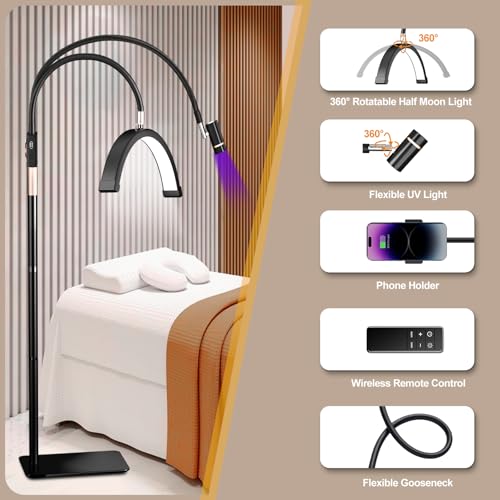 Half Moon Lash Light for Lash Tech, 3-in-1 Professional Esthetician Light with UV Lash Lamp & Phone Holder, Adjustable Height&Brightness for Tattoo,Nail Art,Skincare,Salon,Spa (Black)