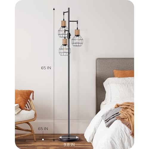 EDISHINE Dimmable Farmhouse Floor Lamp for Living Room, Industrial Black Standing Lamp with 3 LED Edison Bulbs, Corner Rustic Rattan Tall Tree Reading Lamps Home Decor for Bedroom, Office