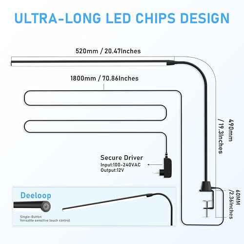 deeloop LED Clip-on Reading Light, 20" Ultra-Long Chips Bright Desk Lamp, 10%-100% Stepless Dimming & 3 Color Modes Office Lamp with 360 Gooseneck Memory Function Clamp Light