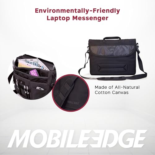 Mobile Edge ECO Laptop Messenger Bag for Men and Women, Fits Up To 17.3 Inch Laptops, Travel Work Computer Bag, Cotton Canvas, Padded Pockets, Black