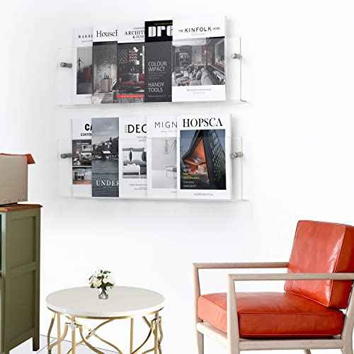 2 Pack Clear Acrylic Magazine Holder, Wall Mount Bookshelf Magazine Rack, Literature Brochure File Display Shelf for Waiting Room, Living Room, Office, Home, Organization