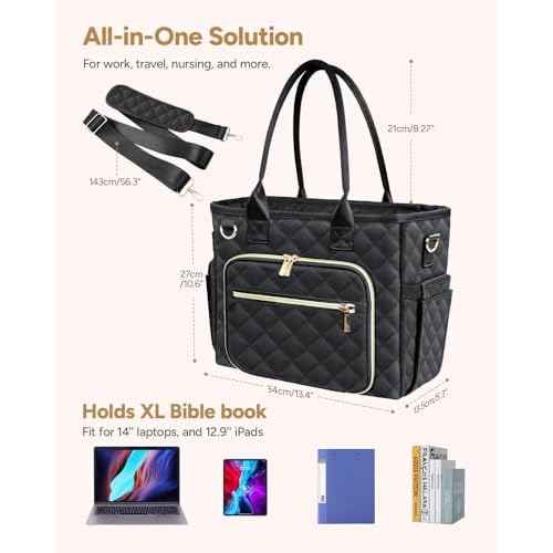 Large Bible Bag with Bible Cover Case for Women, Church Bag with Shoulder Strap, Quilted Bible Cover for Bible Study Supplies, a Christian Gift for Women, Black