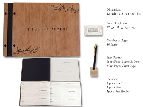 Funeral Guest Book with Signing Pen – Memorial Wooden Guestbook in Cherry Wood