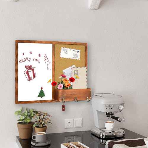 Dry Erase White Board and Cork Board, Magnetic Whiteboard & Bulletin Board Combo, 17.7"¡¿23.6"£¬Wall-Mounted Mail Sorter & Key Hooks, Solid Pine Wood Walnut Brown Frame(Mail BB-BN-4560)