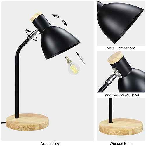 Lampwell Helle Black Office Desk Lamp for Home Office Bedrooms,Wood Base,Kids Girls Student Desk Lamp,9.69¡¿5.91¡¿H14.88IN,Bulb Excluded