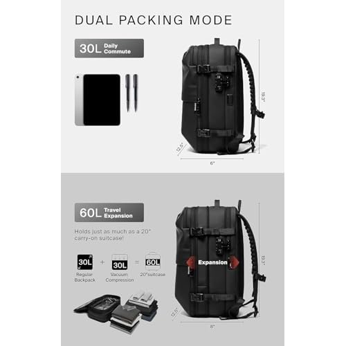 Vortex Vacuum Seal Travel Backpack 60L Expandable Air Compression System Water Resistant TSA Lock Carry-On Suitcase Luggage Black AERO - Vacuum Pump Included