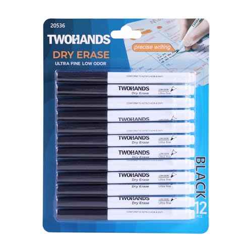 TWOHANDS Dry Erase Markers Fine Tip Black,Ultra Fine Extra Fine Point 0.7mm,Low Odor,Whiteboard Markers for Office,Home,or Planning Whiteboard,12 Count,20574