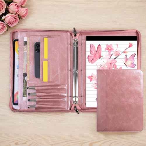 Rose Gold Padfolio,Vegan Leather Portfolio for Women,3-Ring Binder with Zipper, A4 Planner Binder with Laptop Pocket,Legal Size Portfolio,WorkBinder Organizer for Women and Girls