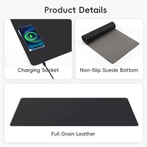 Mouse Pad with Wireless Charging, PU Leather Fast Charging Gaming Mouse Pad, Waterproof Anti-Slip Surface, Easy Clean Office Table Mat, 32L x 16W x 0.15H inches, Black(Right Side Charging Port)