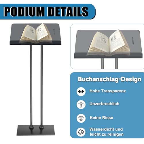 Vakiorn Black Acrylic Podium Lectern with Iron Base, 10mm Countertop, Multi-Use Pulpit for Church, Classroom, Conference