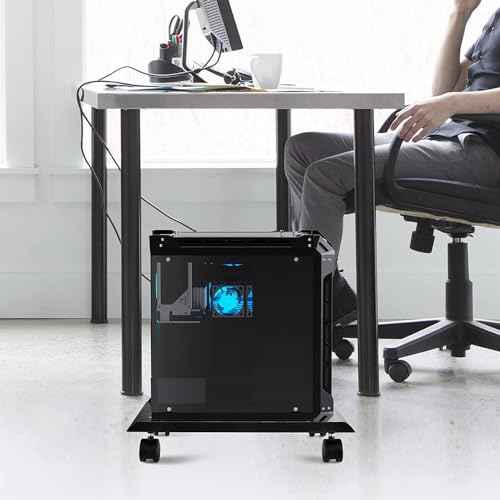 Mobile CPU Stand with Self Adhesive Cable Management Clips, Adjustable PC Tower Stand, Computer Tower Stand with 4 Caster Wheels Fits Most PC (White)